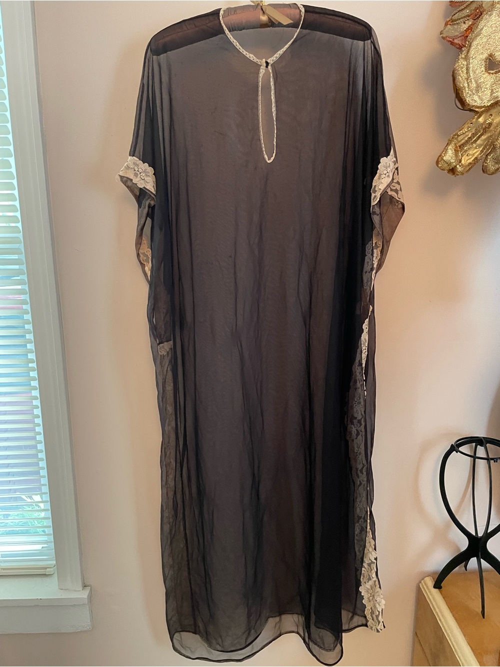 Sheer Black Caftan with Lace Cafe au Lait Wide Trim Union Made Pullover 1 Button